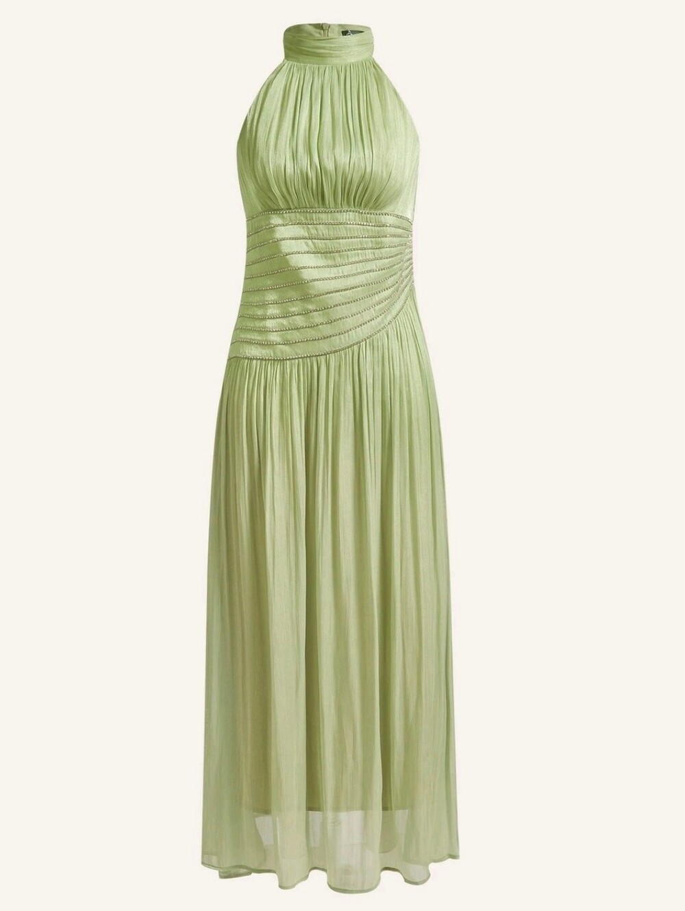 New Metallic Crinkled Halter Rhinestone Trim Maxi Dress Green - Picture 12 of 15